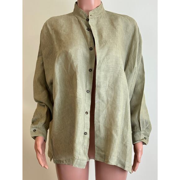 Eskandar Shirt Sz 0 Oatmeal Linen Mandarin Stand Collar Longer Back Blouse Top - Picture 5 of 11